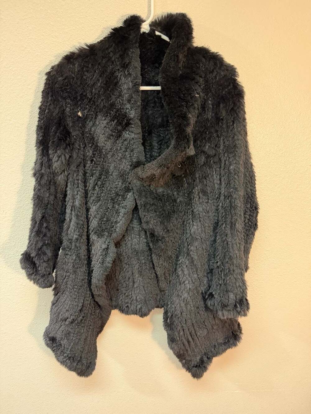JUNE S/M Black Knitted Rabbit Fur Open Front Jacket with Shawl Collar